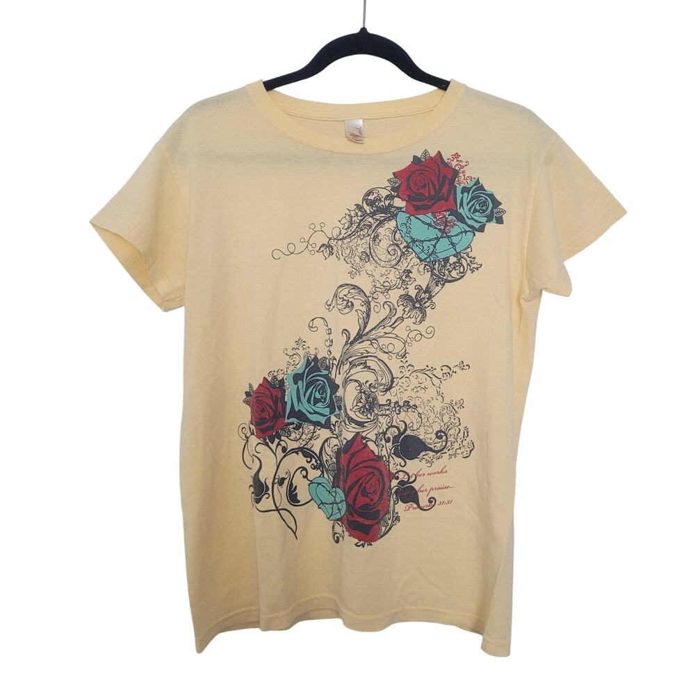 Y2k Anvil Rose Floral Graphic T-Shirt Size M Indie Sleaze Grunge Streetwear Edgy